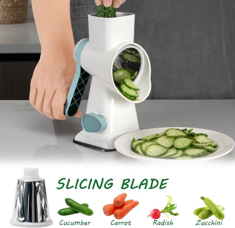 Maxceysen 3 in 1 Manual Vegetable Cutter Machine with Stainless Steel Changeable Blades Rotary Cheese Grater Kitchen Tool Potato Slicer Shredder Nuts Chocolate Chopper (White blue) - Image 2